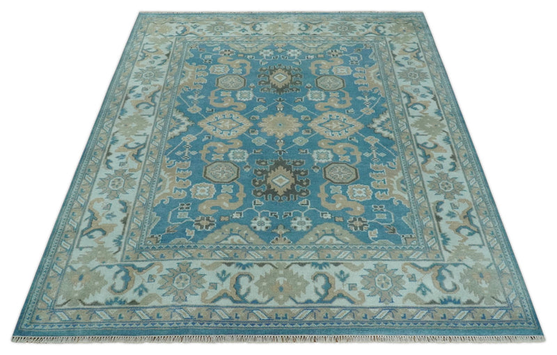 Antique Blue and Ivory 8x10Traditional Persian Oushak Wool Rug | TRDCP1126810 - The Rug Decor