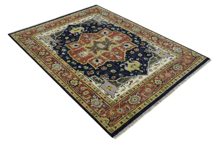 Antique Blue and Rust Hand Knotted 5x8, 6x9, 8x10, 9x12, 10x14 and 12x15 Traditional Vintage Persian Heriz Serapi Wool Rug | TRDCP906 - The Rug Decor
