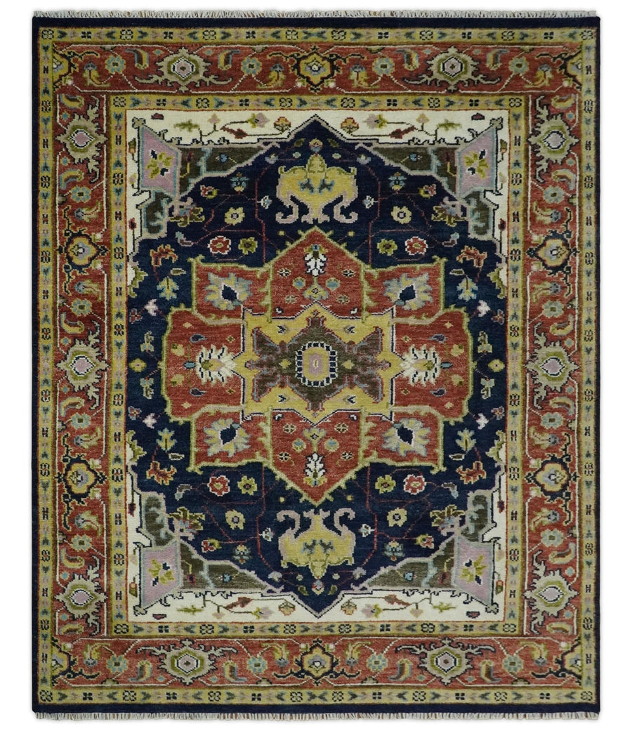 Antique Blue and Rust Hand Knotted 5x8, 6x9, 8x10, 9x12, 10x14 and 12x15 Traditional Vintage Persian Heriz Serapi Wool Rug | TRDCP906 - The Rug Decor