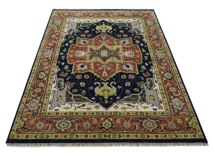 Antique Blue and Rust Hand Knotted 5x8, 6x9, 8x10, 9x12, 10x14 and 12x15 Traditional Vintage Persian Heriz Serapi Wool Rug | TRDCP906 - The Rug Decor