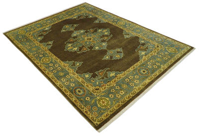 Antique Brown and Blue 8x10 Hand Knotted Heriz Serapi Medallion Area Rug | AC19810 - The Rug Decor