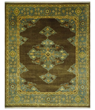Antique Brown and Blue 8x10 Hand Knotted Heriz Serapi Medallion Area Rug | AC19810 - The Rug Decor