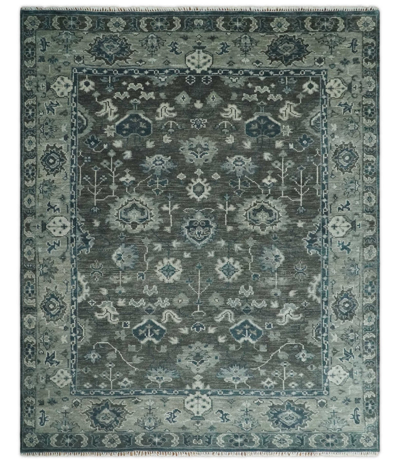 Antique Charcoal Hand Knotted Oushak 5x8, 6x9, 8x10, 9x12, 10x14 and 12x15 Silver and Blue Traditional Persian Wool Rug | TRDCP913810 - The Rug Decor