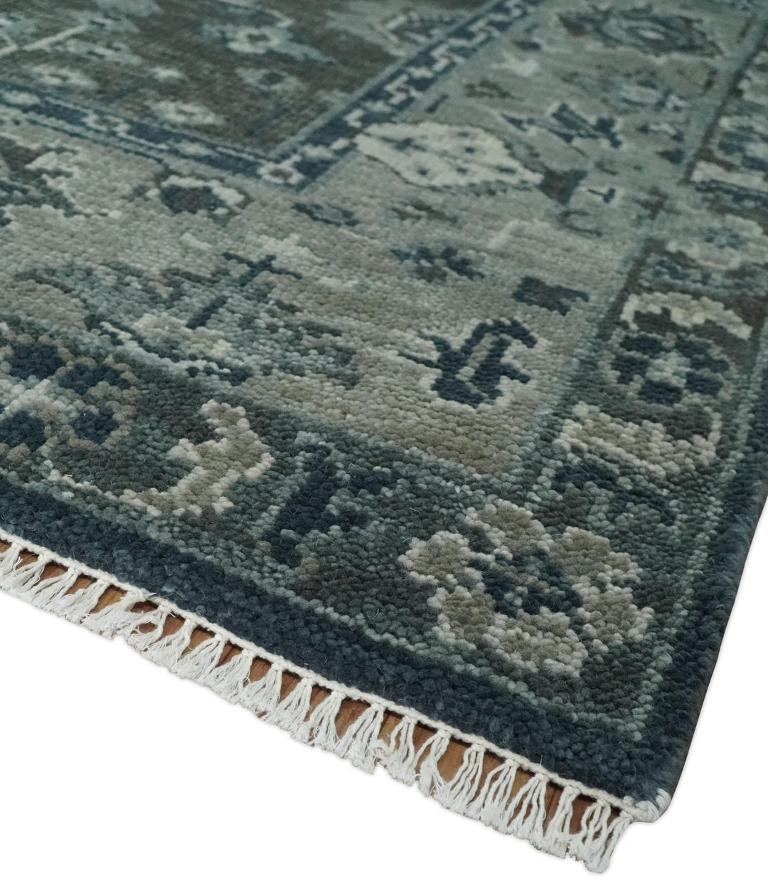 Antique Charcoal Hand Knotted Oushak 5x8, 6x9, 8x10, 9x12, 10x14 and 12x15 Silver and Blue Traditional Persian Wool Rug | TRDCP913810 - The Rug Decor