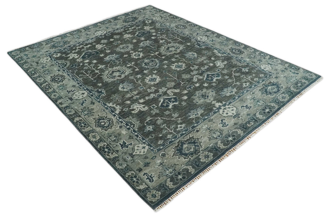 Antique Charcoal Hand Knotted Oushak 5x8, 6x9, 8x10, 9x12, 10x14 and 12x15 Silver and Blue Traditional Persian Wool Rug | TRDCP913810 - The Rug Decor