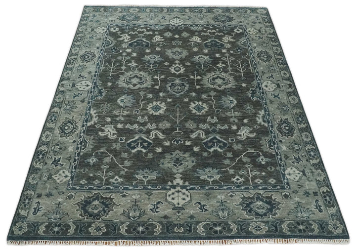 Antique Charcoal Hand Knotted Oushak 5x8, 6x9, 8x10, 9x12, 10x14 and 12x15 Silver and Blue Traditional Persian Wool Rug | TRDCP913810 - The Rug Decor