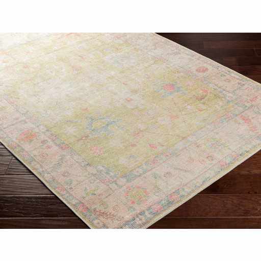 Antique Distressed Finished Mustard and Light Pink Oushak Washable Turkish Design Rug - The Rug Decor