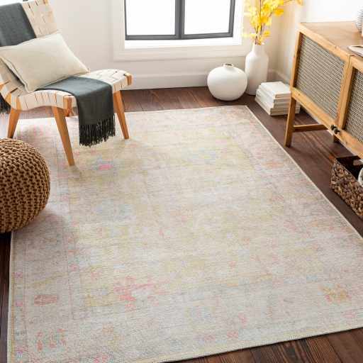 Antique Distressed Finished Mustard and Light Pink Oushak Washable Turkish Design Rug - The Rug Decor
