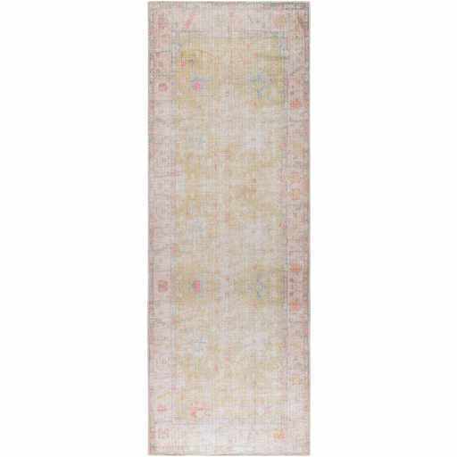 Antique Distressed Finished Mustard and Light Pink Oushak Washable Turkish Design Rug - The Rug Decor