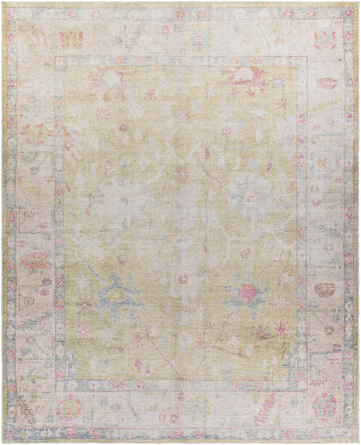 Antique Distressed Finished Mustard and Light Pink Oushak Washable Turkish Design Rug - The Rug Decor