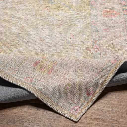 Antique Distressed Finished Mustard and Light Pink Oushak Washable Turkish Design Rug - The Rug Decor