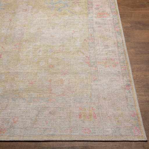 Antique Distressed Finished Mustard and Light Pink Oushak Washable Turkish Design Rug - The Rug Decor