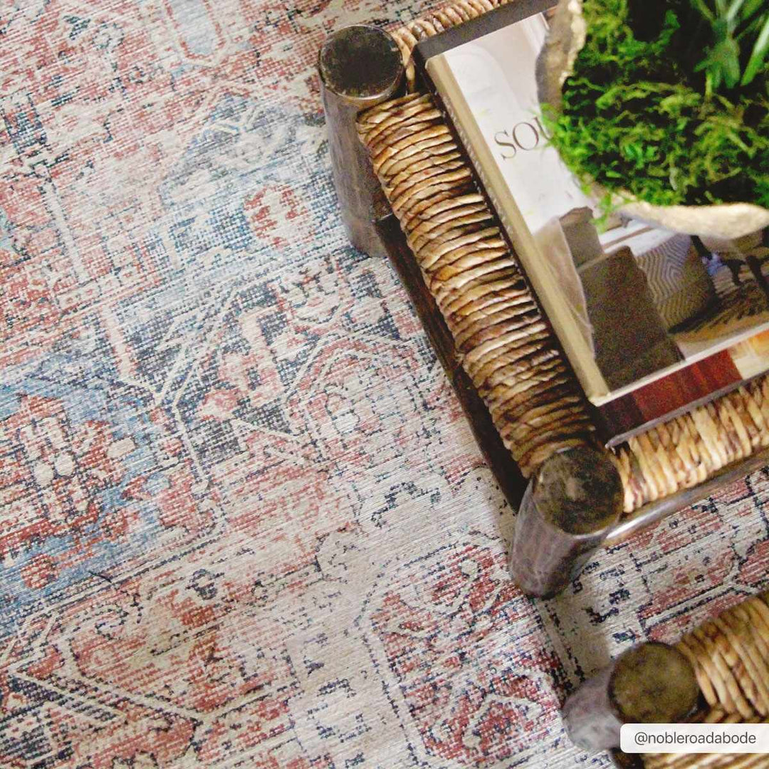 Antique Distressed Style Rust, Light Pink and Blue Machine Washable Rug - The Rug Decor