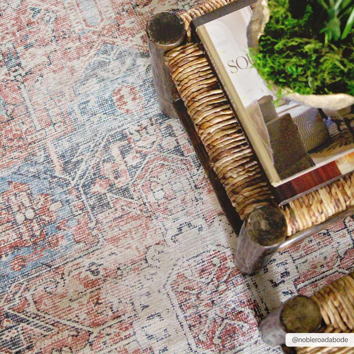 Antique Distressed Style Rust, Light Pink and Blue Machine Washable Rug - The Rug Decor