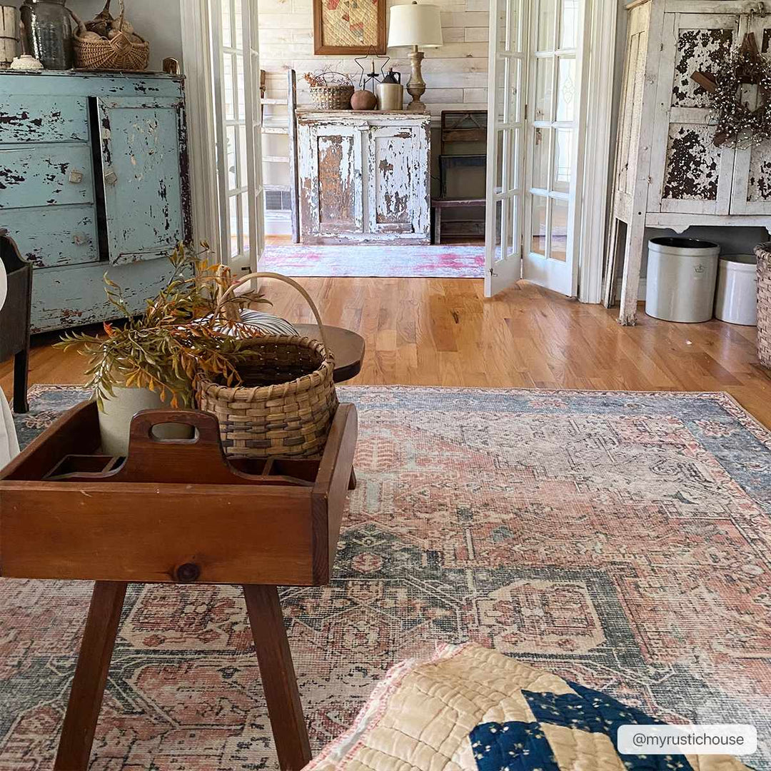 Antique Distressed Style Rust, Light Pink and Blue Machine Washable Rug - The Rug Decor