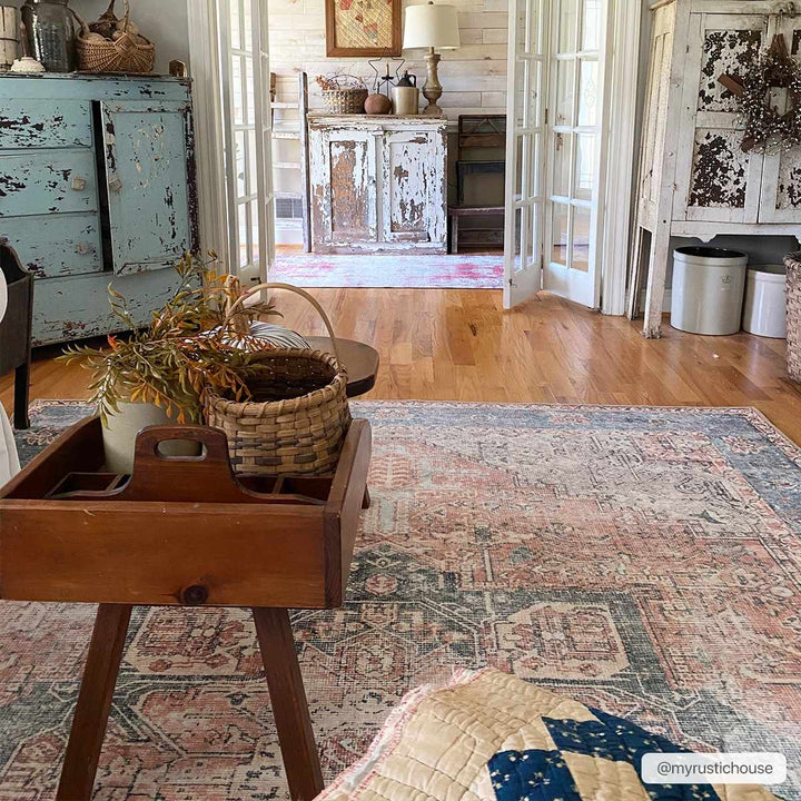 Antique Distressed Style Rust, Light Pink and Blue Machine Washable Rug - The Rug Decor