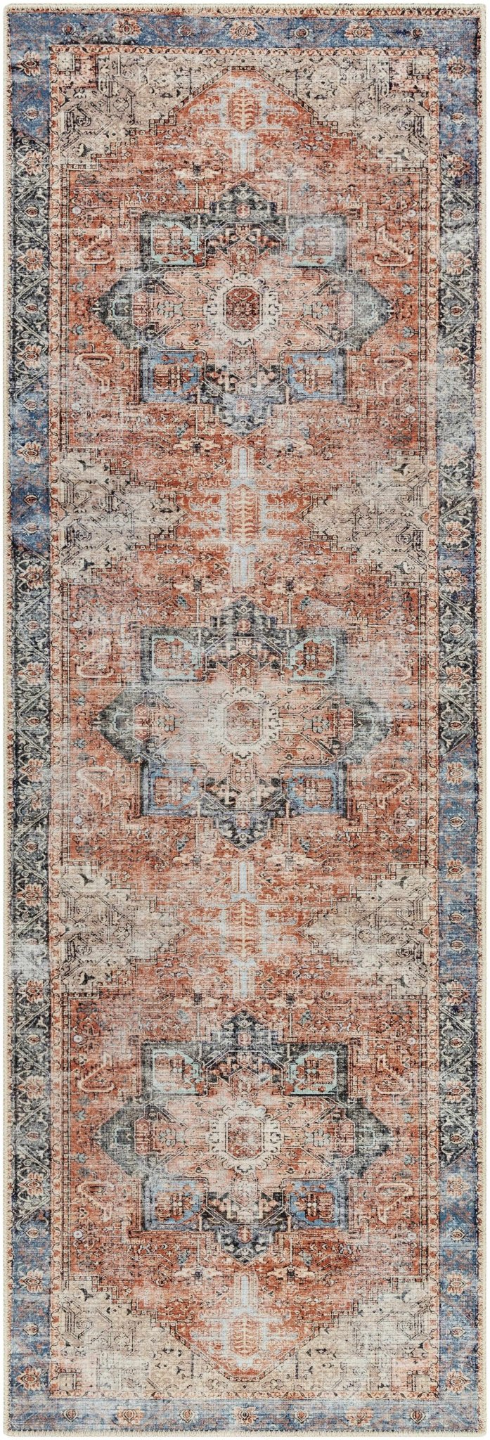 Antique Distressed Style Rust, Light Pink and Blue Machine Washable Rug - The Rug Decor
