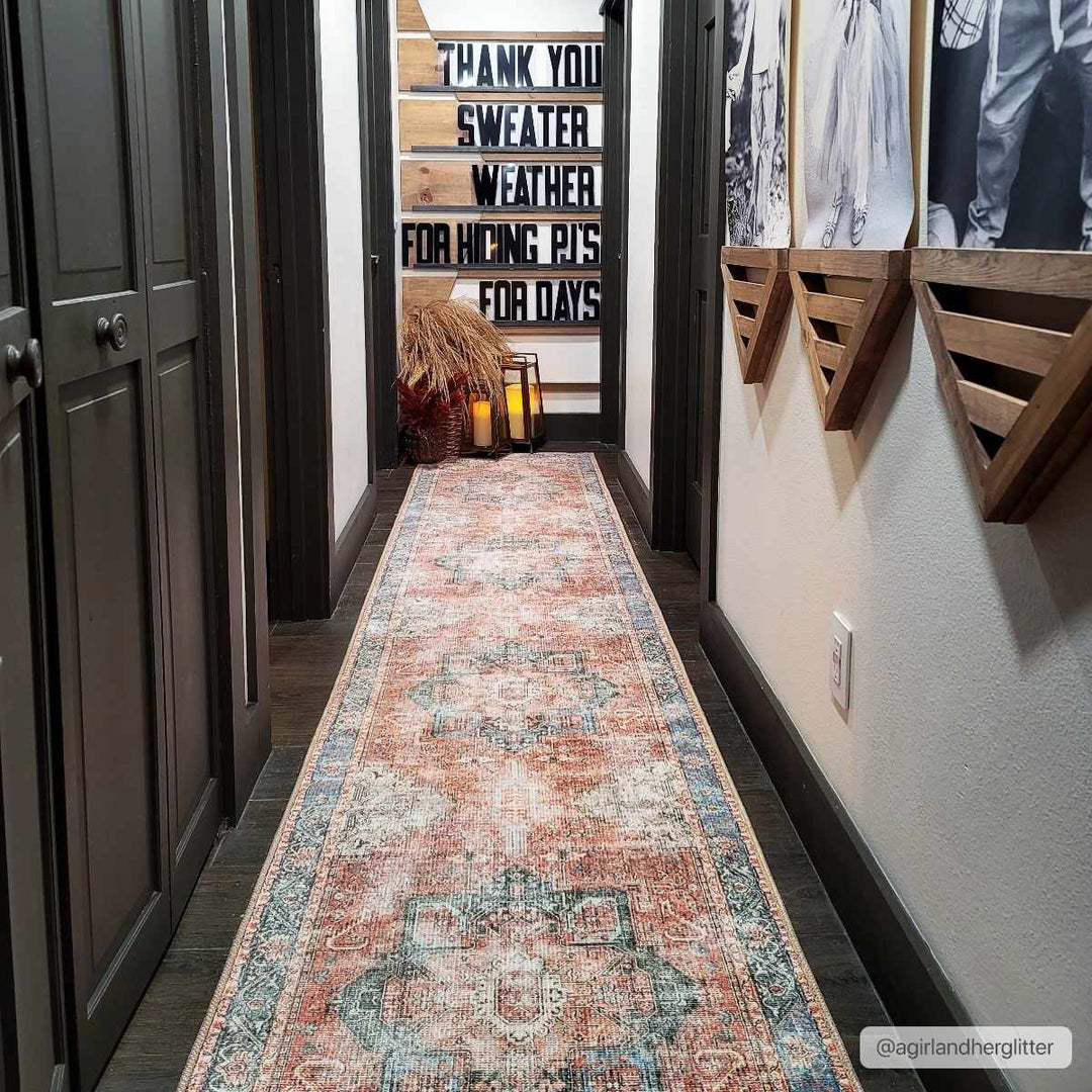 Antique Distressed Style Rust, Light Pink and Blue Machine Washable Rug - The Rug Decor