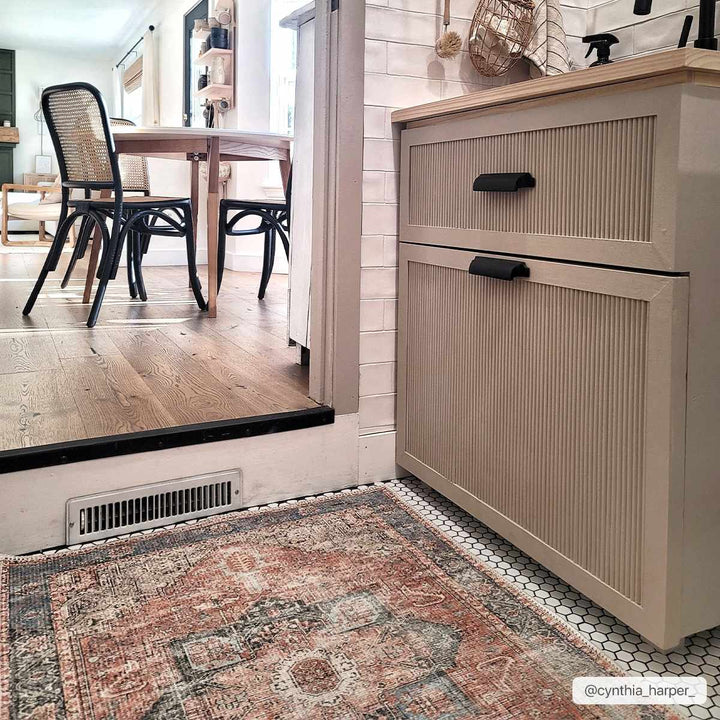 Antique Distressed Style Rust, Light Pink and Blue Machine Washable Rug - The Rug Decor