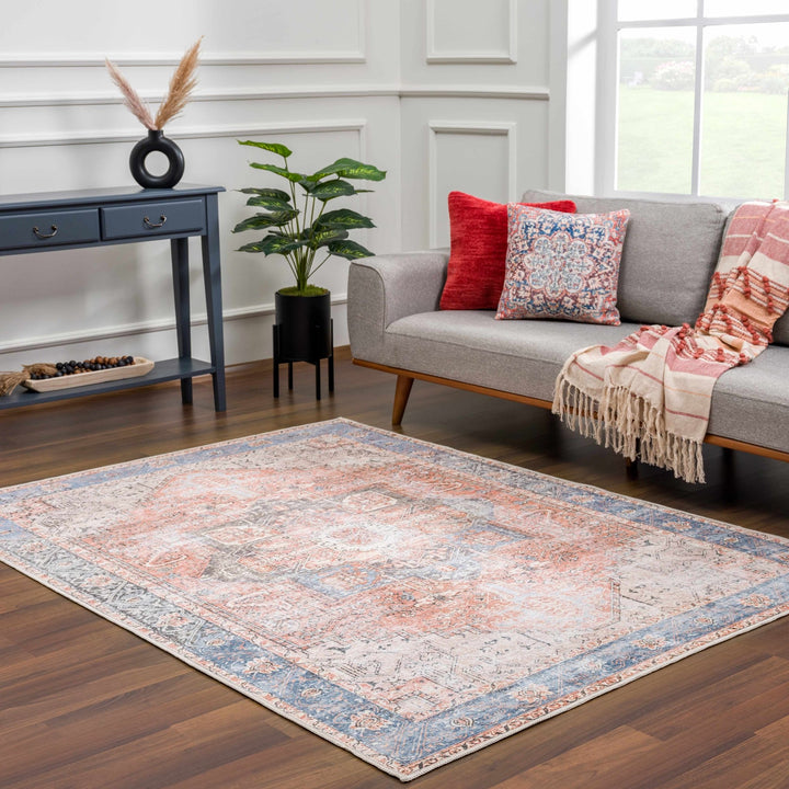 Antique Distressed Style Rust, Light Pink and Blue Machine Washable Rug - The Rug Decor