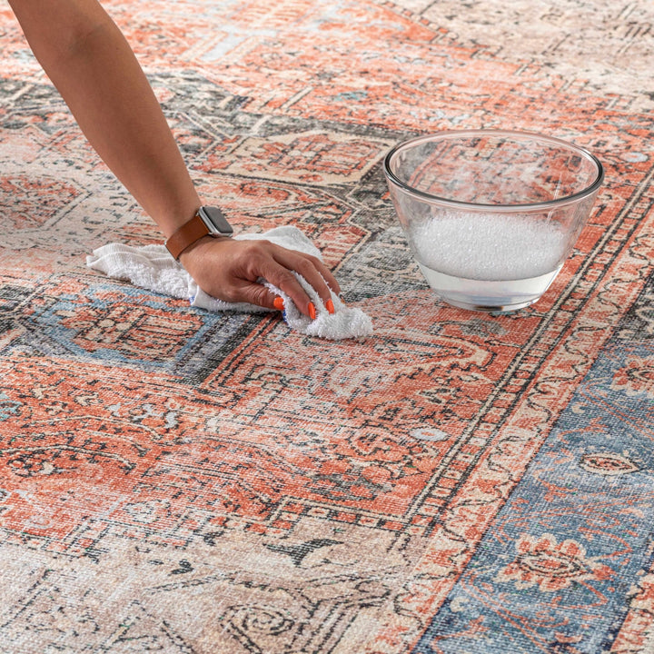 Antique Distressed Style Rust, Light Pink and Blue Machine Washable Rug - The Rug Decor