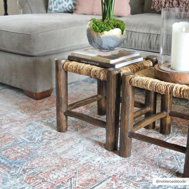 Antique Distressed Style Rust, Light Pink and Blue Machine Washable Rug - The Rug Decor