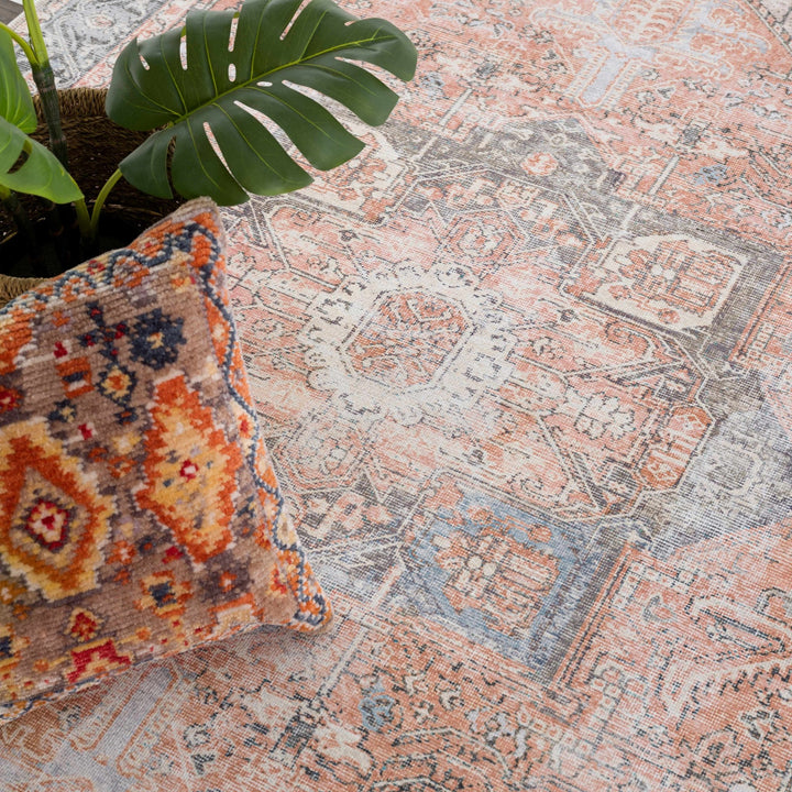 Antique Distressed Style Rust, Light Pink and Blue Machine Washable Rug - The Rug Decor