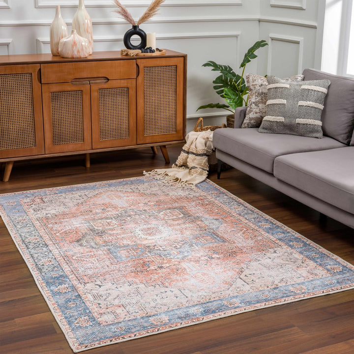 Antique Distressed Style Rust, Light Pink and Blue Machine Washable Rug - The Rug Decor
