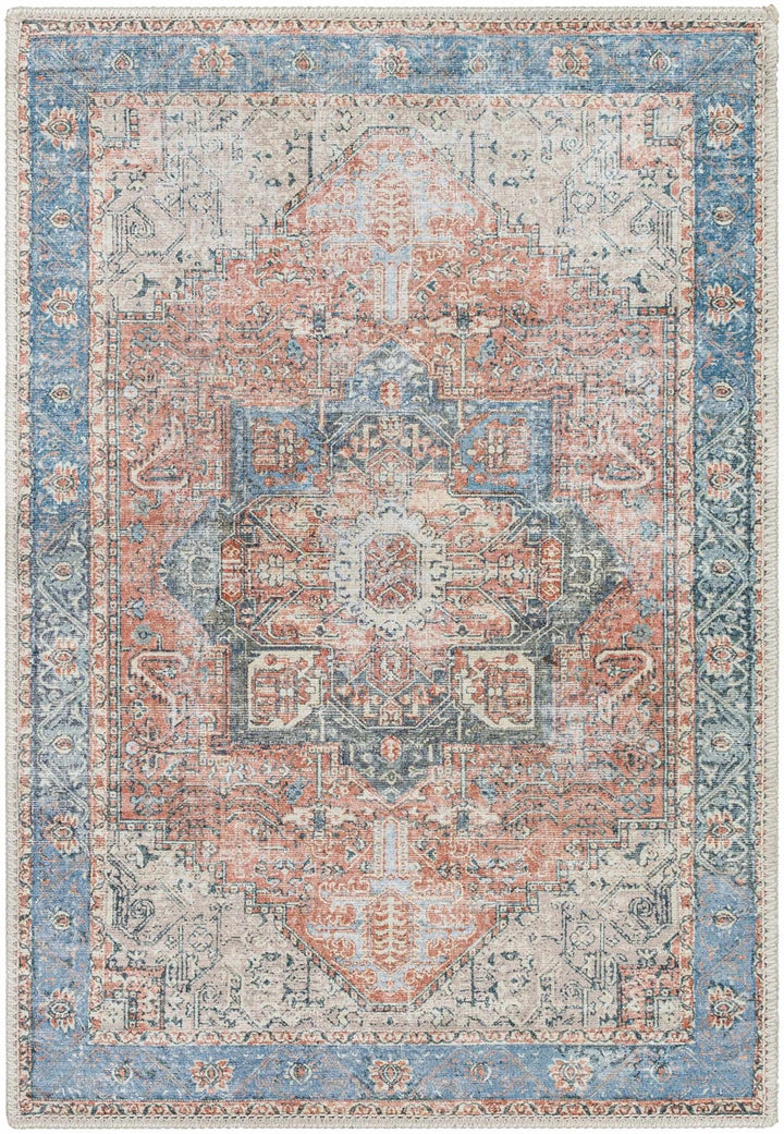 Antique Distressed Style Rust, Light Pink and Blue Machine Washable Rug - The Rug Decor