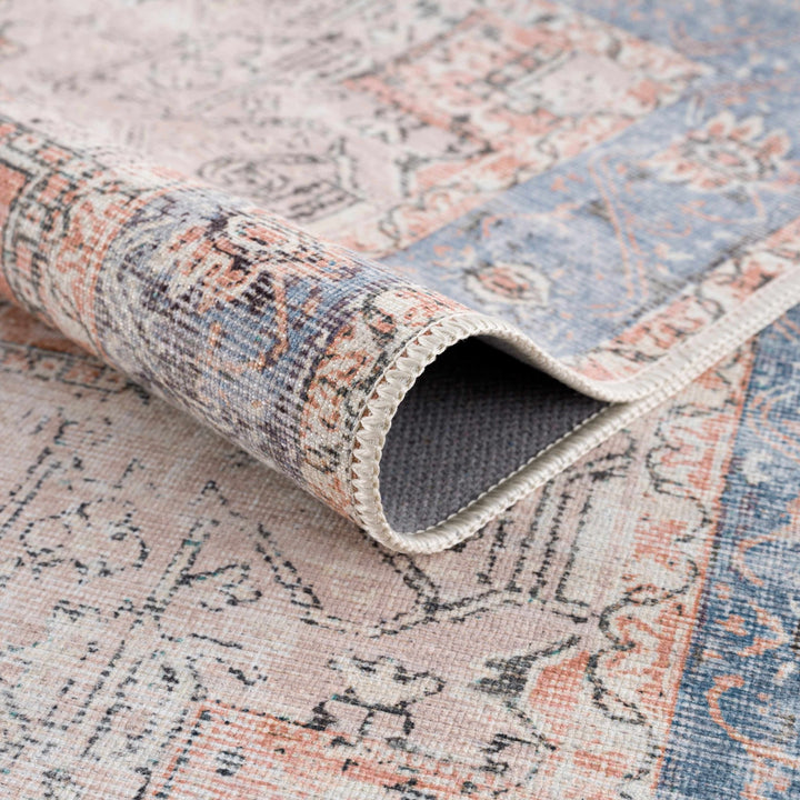 Antique Distressed Style Rust, Light Pink and Blue Machine Washable Rug - The Rug Decor