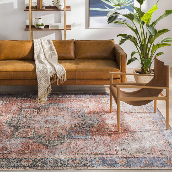 Antique Distressed Style Rust, Light Pink and Blue Machine Washable Rug - The Rug Decor