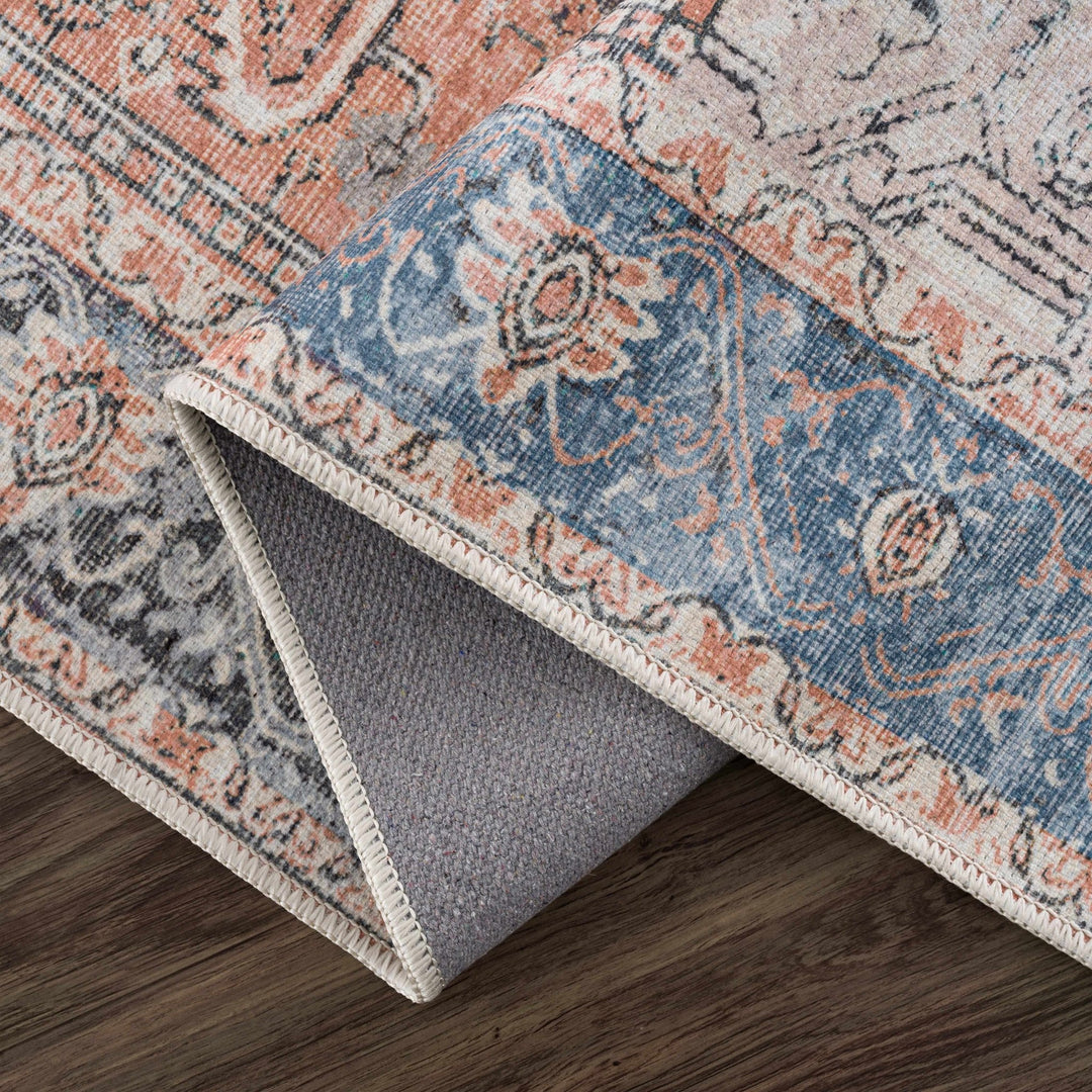 Antique Distressed Style Rust, Light Pink and Blue Machine Washable Rug - The Rug Decor