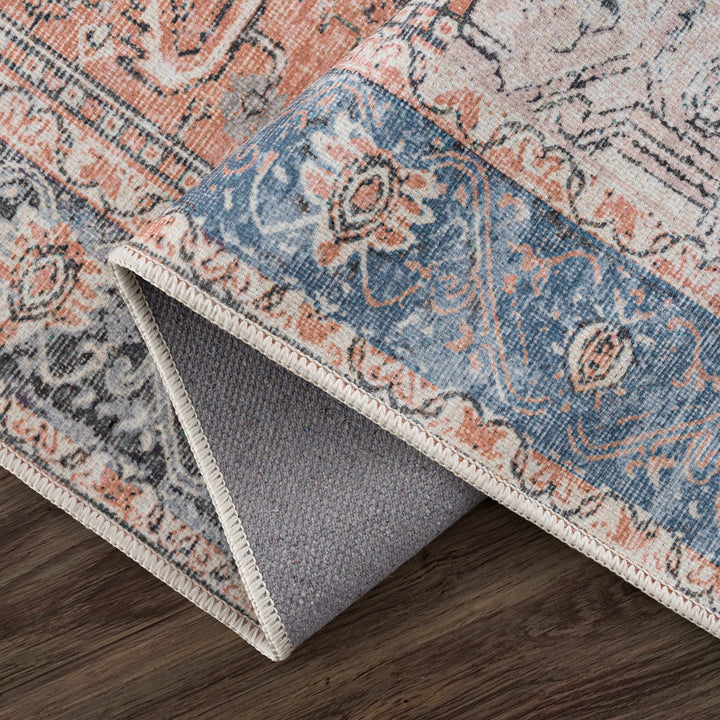 Antique Distressed Style Rust, Light Pink and Blue Machine Washable Rug - The Rug Decor