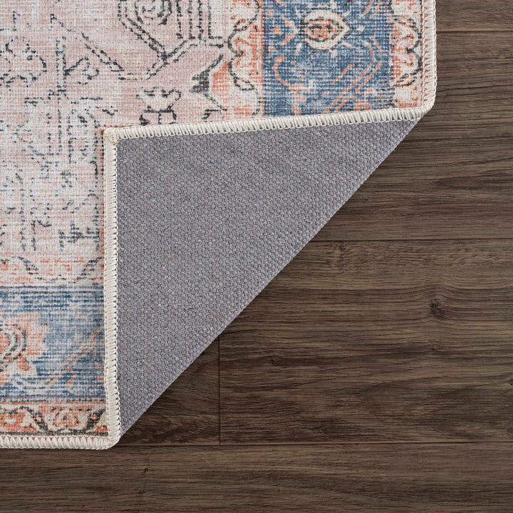 Antique Distressed Style Rust, Light Pink and Blue Machine Washable Rug - The Rug Decor