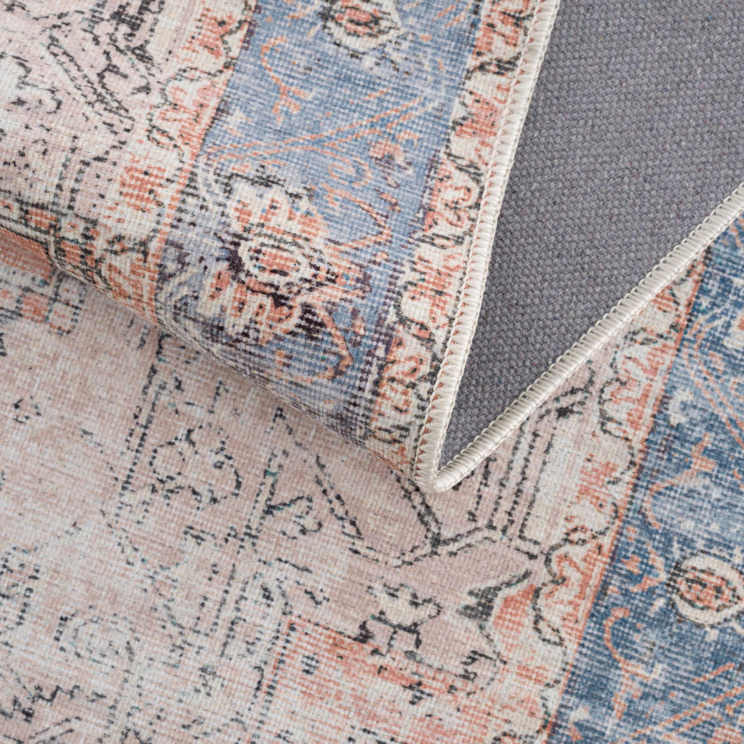 Antique Distressed Style Rust, Light Pink and Blue Machine Washable Rug - The Rug Decor