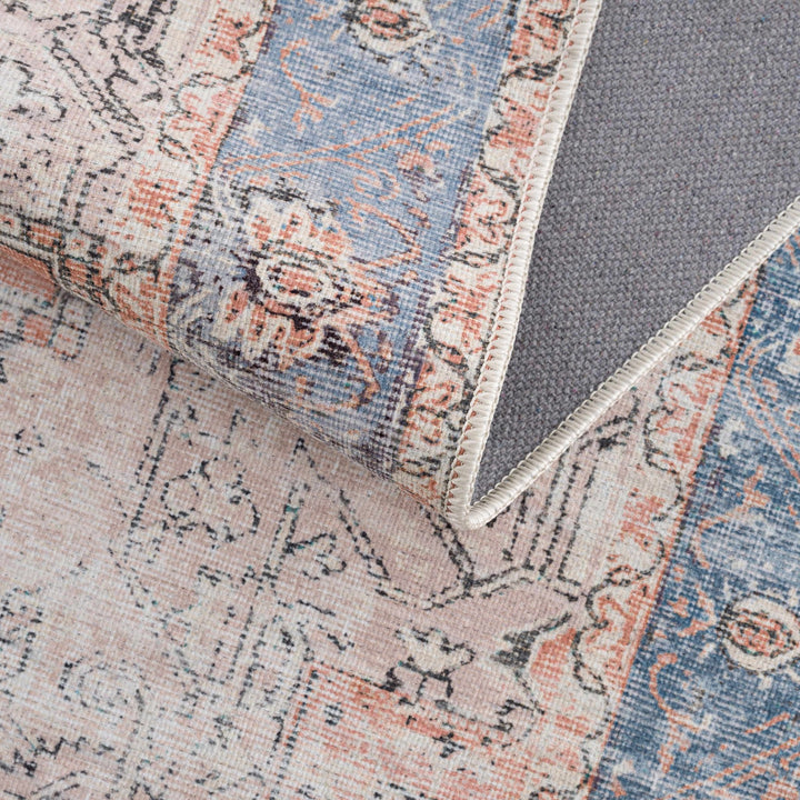 Antique Distressed Style Rust, Light Pink and Blue Machine Washable Rug - The Rug Decor