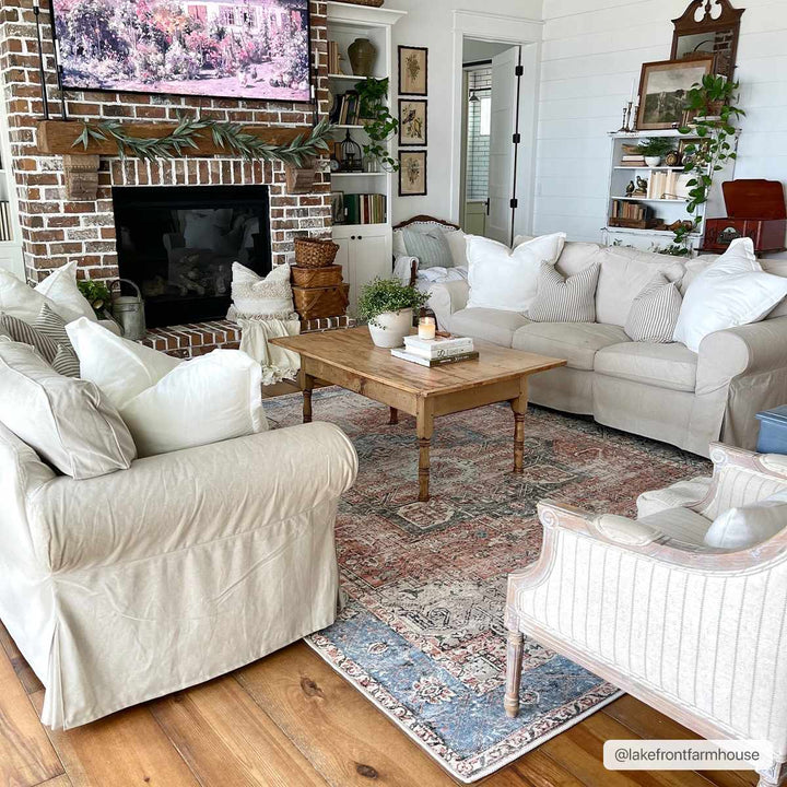 Antique Distressed Style Rust, Light Pink and Blue Machine Washable Rug - The Rug Decor