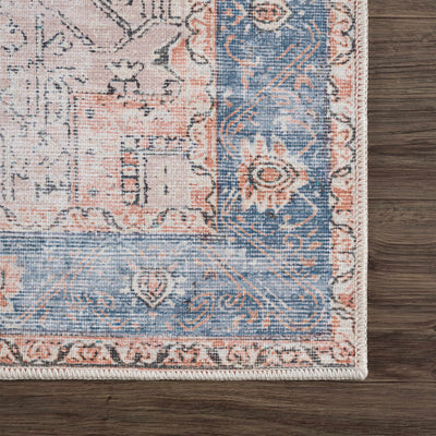 Antique Distressed Style Rust, Light Pink and Blue Machine Washable Rug - The Rug Decor