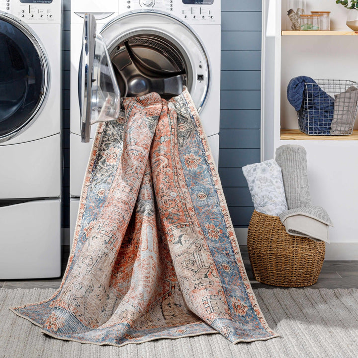 Antique Distressed Style Rust, Light Pink and Blue Machine Washable Rug - The Rug Decor