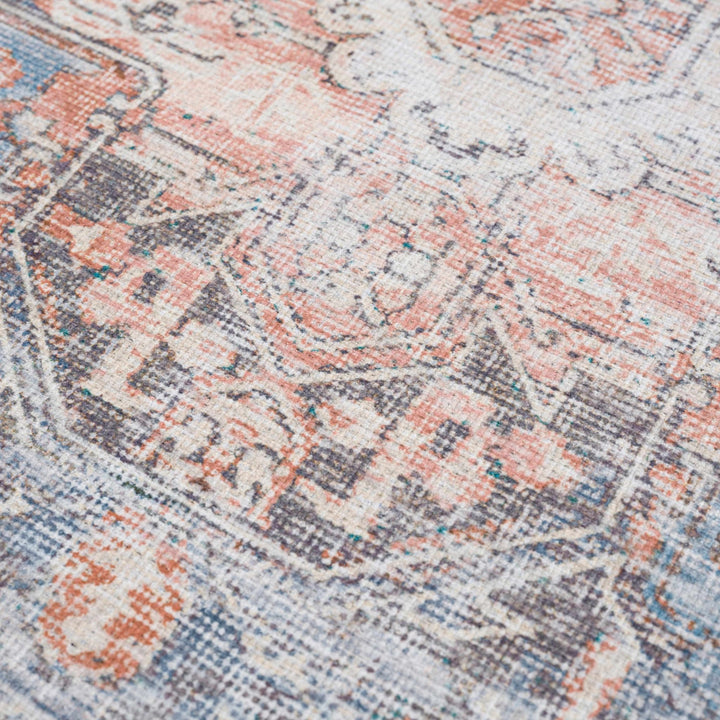 Antique Distressed Style Rust, Light Pink and Blue Machine Washable Rug - The Rug Decor