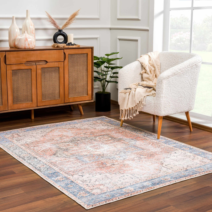 Antique Distressed Style Rust, Light Pink and Blue Machine Washable Rug - The Rug Decor