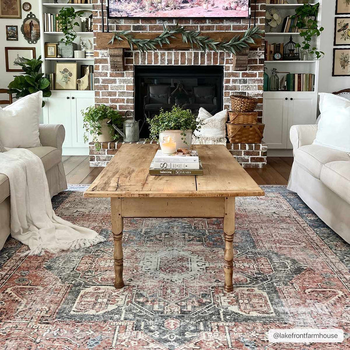 Antique Distressed Style Rust, Light Pink and Blue Machine Washable Rug - The Rug Decor