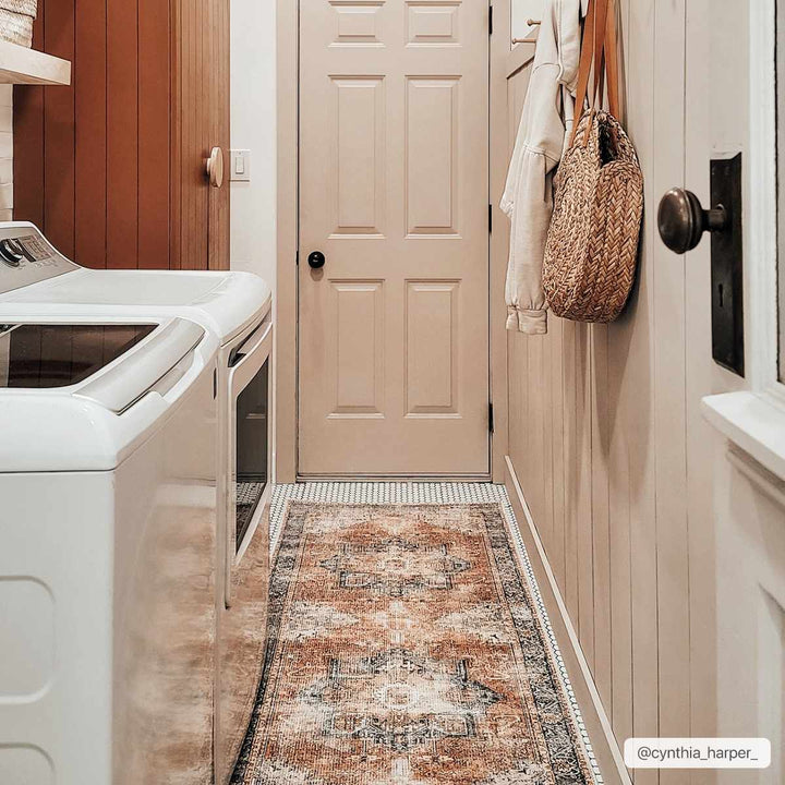 Antique Distressed Style Rust, Light Pink and Blue Machine Washable Rug - The Rug Decor
