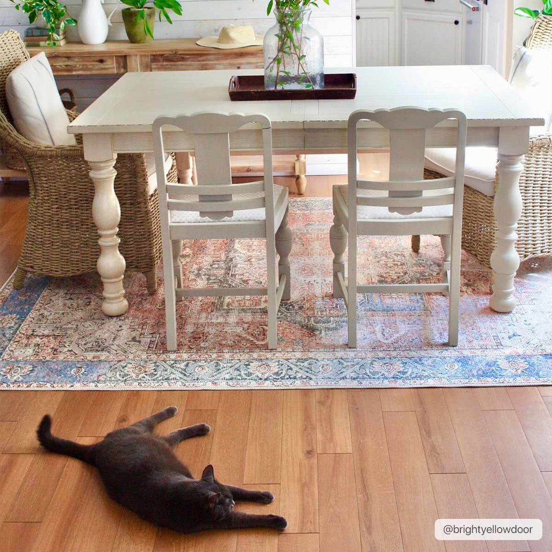 Antique Distressed Style Rust, Light Pink and Blue Machine Washable Rug - The Rug Decor