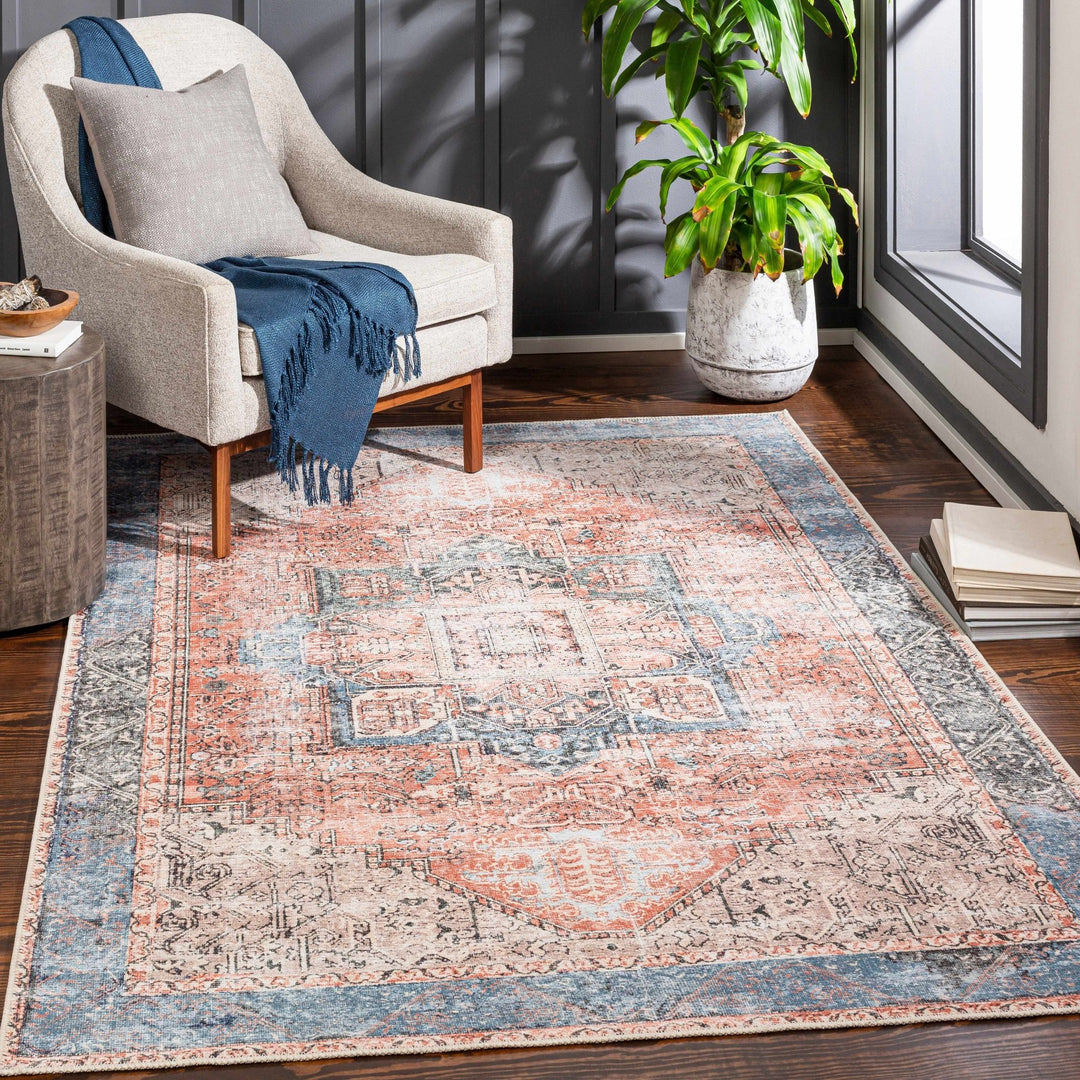 Antique Distressed Style Rust, Light Pink and Blue Machine Washable Rug - The Rug Decor