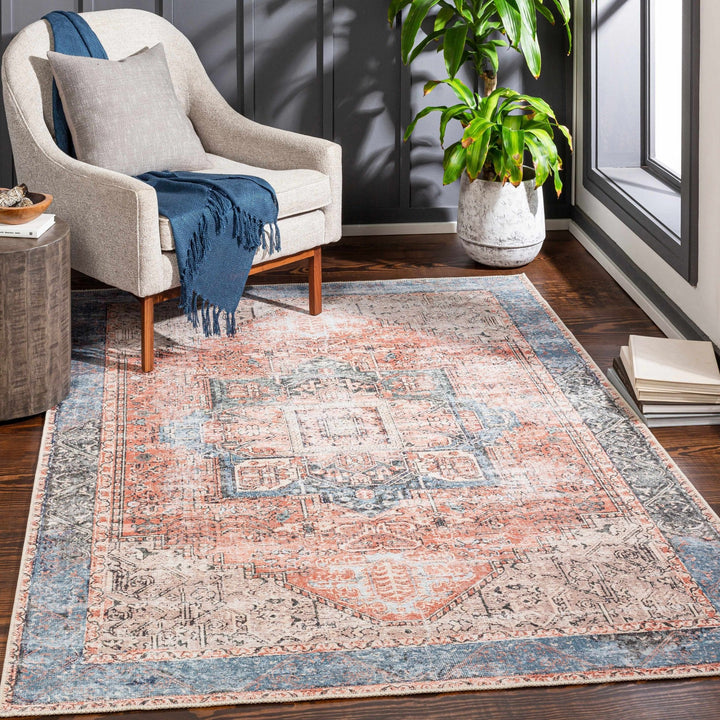 Antique Distressed Style Rust, Light Pink and Blue Machine Washable Rug - The Rug Decor