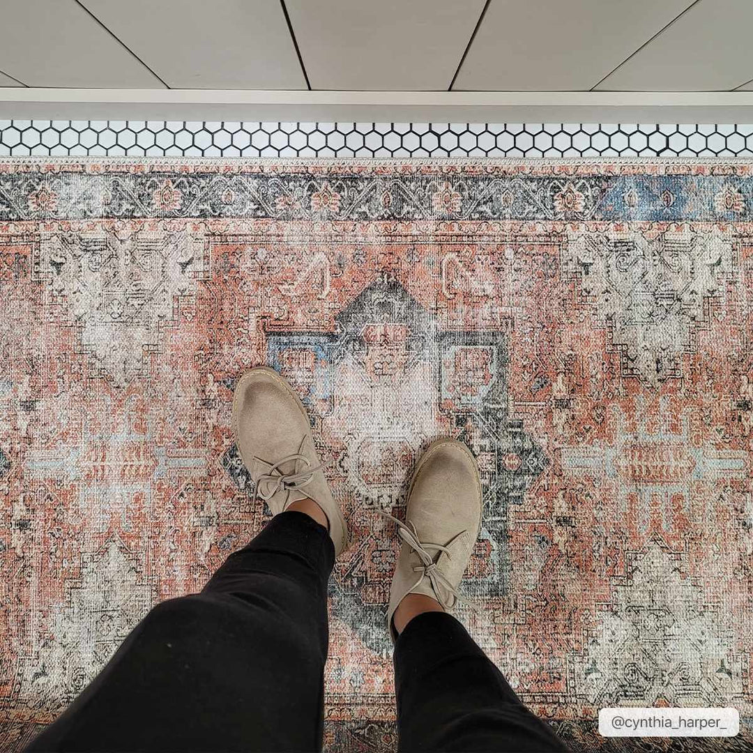 Antique Distressed Style Rust, Light Pink and Blue Machine Washable Rug - The Rug Decor