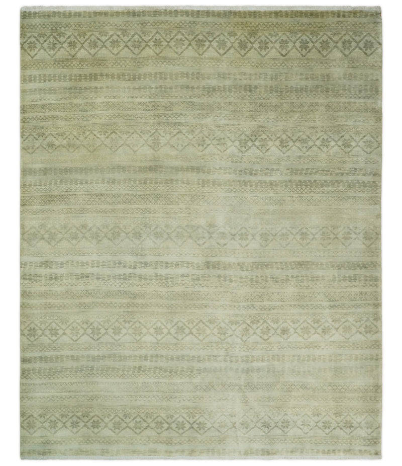 Antique faded 8x10 Vintage Oriental Traditional Olive and Beige Wool Area Rug | TRDCP547810 - The Rug Decor