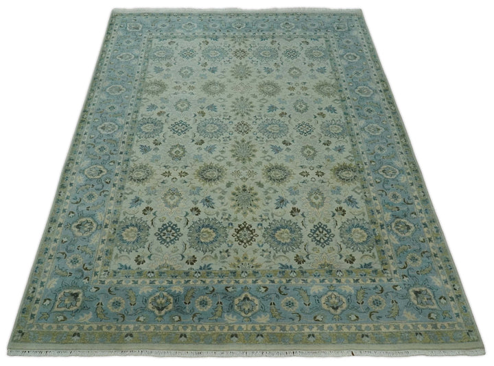 Antique Fine 8x10 Hand Knotted Beige and Blue Traditional Vintage Persian Wool Rug | TRDCP828810 - The Rug Decor