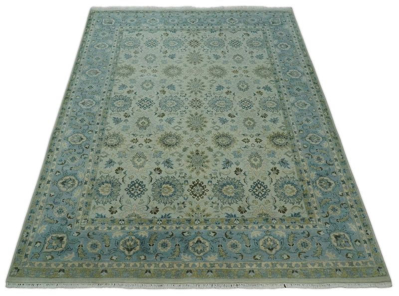 Antique Fine 8x10 Hand Knotted Beige and Blue Traditional Vintage Persian Wool Rug | TRDCP828810 - The Rug Decor